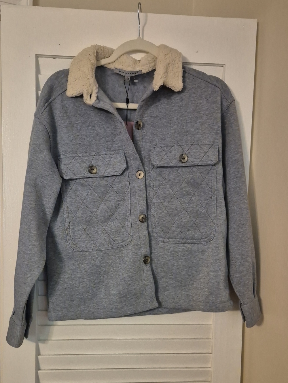 Women’s Quilted Gray Teddy Jacket with Cream Sherpa Collar